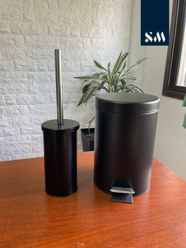 Set Baño Metal Negro Cesto 3 Litros + Escobilla Cepillo