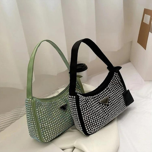 Cartera De Mujer Mini Bag Noche Axilar Mano Piedras Strass Acabado De Los Herrajes Níquel Color Verde Claro Diseño De La Tela Lisa