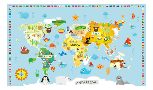 Adesivo Infantil Mapa Mundi Paises Parede Bebe 120x70cm M80