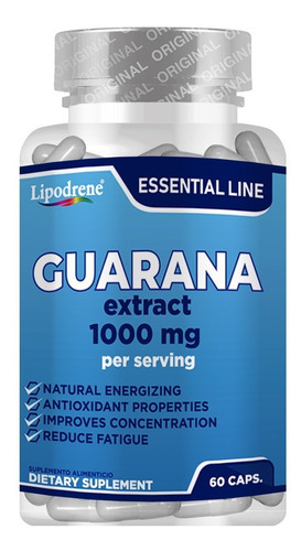 Guarana 1000 Mg | Lipodrene | Essential | 60 Caps Sabor Sin Sabor