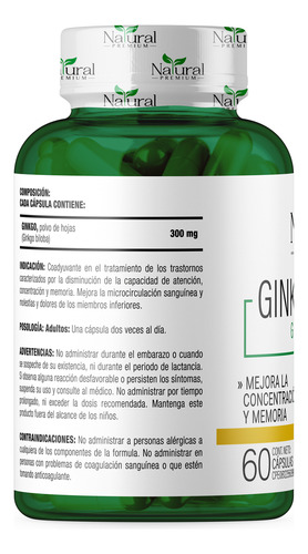 Ginkgo Biloba 300 Mg 60 Cápsulas Natural Premium