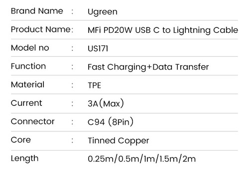 Ugreen Cable Usb C Lightning Para iPhone Certificada 1 Metro