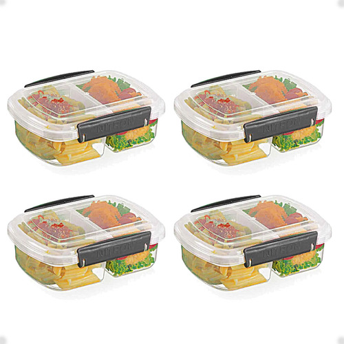 Kit 4 Pote Para Alimentos 2 Divisões C Travas Laterais 600ml