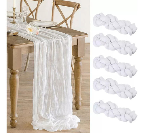 5pzs Camino De Mesa De Gasa Boho, De Tela De Queso 90*180cm Blanco Blanco