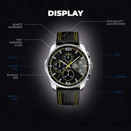 Imagen 6 de 7 de Reloj Hombre Seger 9106 Original Eeuu Elegante Sport Lujoso Color De La Malla Negro/amarillo