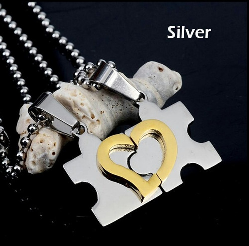 Collar Enamorados Parejas Pololos Corazón Puzzle Acero Inox.