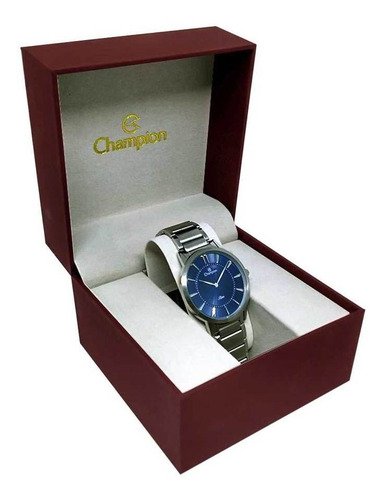 Relógio Masculino Prata Social Champion Visor Azul Slim