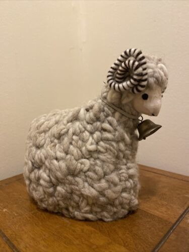 Vintage Folk Art Ram Sheep Made Ftom Hand Spun Wool With B