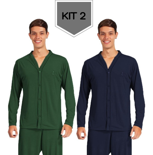 Imagem 1 de 8 de Kit 2 Pijama Masculino Manga Longa Frio/básico/malha/algodão
