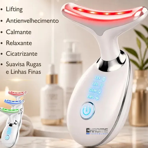 Massageador Facial Lifting De Pescoço e Rosto LED Vibração Fototerapia Para Rejuvenescer Firmeza Anti-Rugas Aparelho Redutor de Papada Lift Mascara Led Facial MARCA Chrome Technology - R$ 34,99
