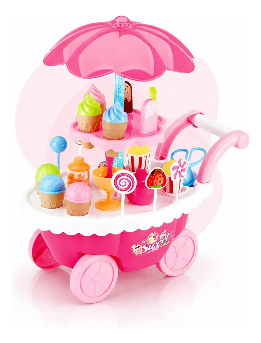 Carrinho De Sorvete Picole E Doces Sorveteria Infantil Brinquedo Musical Luz E Som Com Acessorios Kizumba