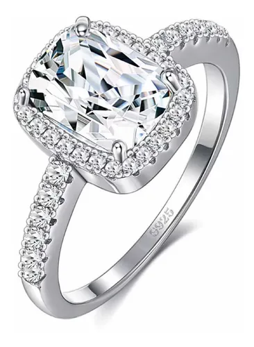 Anillo Compromiso Plata 925 Piedras Incrustadas Rectangular