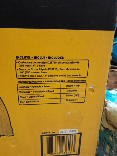 Sierra Sensitiva Dewalt D28710 2200 Watts 14 Pulgadas 355 Mm Amarillo