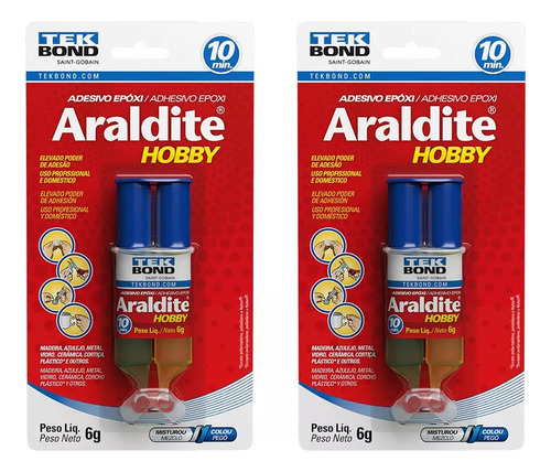 2 Adesivo Cola Araldite Hobby Epoxi Seringa 10min 6g Tekbond Cor Amarelo/Azul