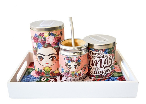 Imagen 1 de 3 de Kit Bandeja Desayuno Mate Yerbera Y Azucarera Frida Kahlo