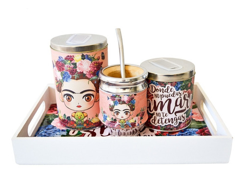 Kit Bandeja Desayuno Mate Yerbera Y Azucarera Frida Kahlo