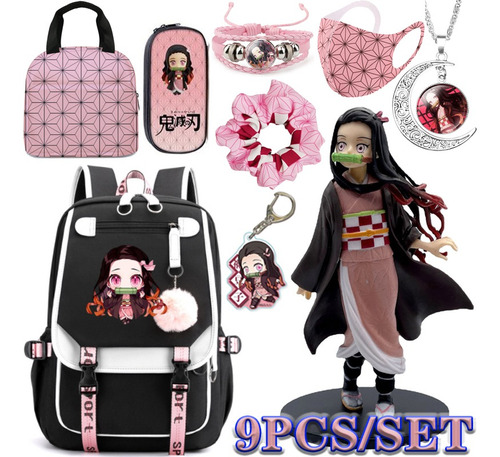 9 Unids/set Demon Slayer Nezuko Mochilas+estuche+lonchera