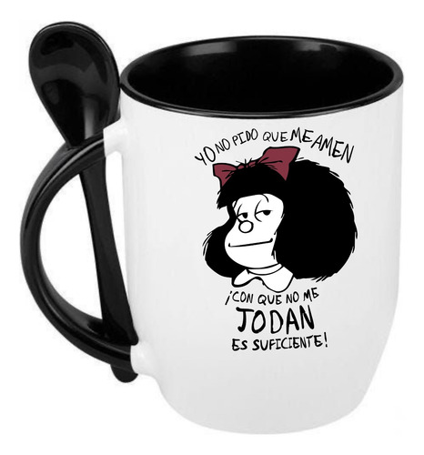 Taza Con Cuchara Frases Mafalda Colección Regalo Premium Negro Yo No Pido