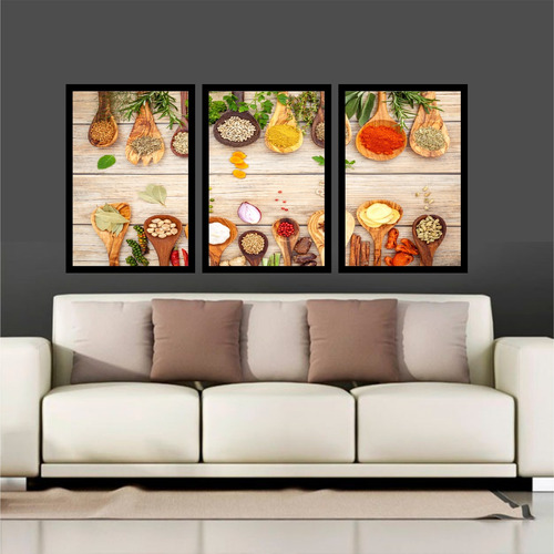 Quadro Mosaico 3 Peças Cozinha Tempero Pimenta Moldura