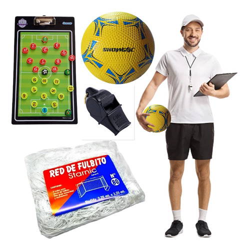 Kit Entrenador Fútbol Mallas Pelota Tablero Táctico Silbato