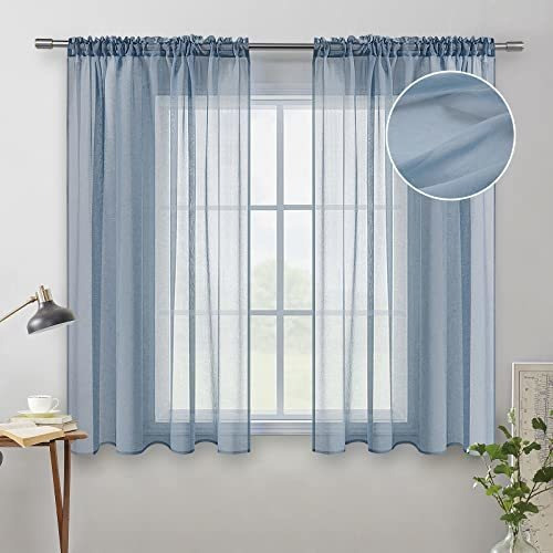 Miulee Dusty Blue Linen Textured Sheer Curtain For K8mkf