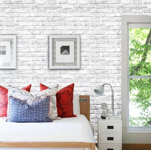 Imagen 7 de 10 de Papel Tapiz Ladrillos Blanco Adhesivo 45cm X 10 Mt 3d Mayore