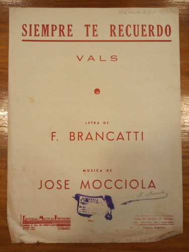 Siempre Te Recuerdo Brancatti Mocciola Vals Partitura