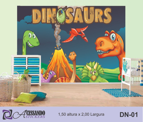 Papel Parede Adesivo Infantil Adesivo Dinossauro 1,5x2,0 Mts