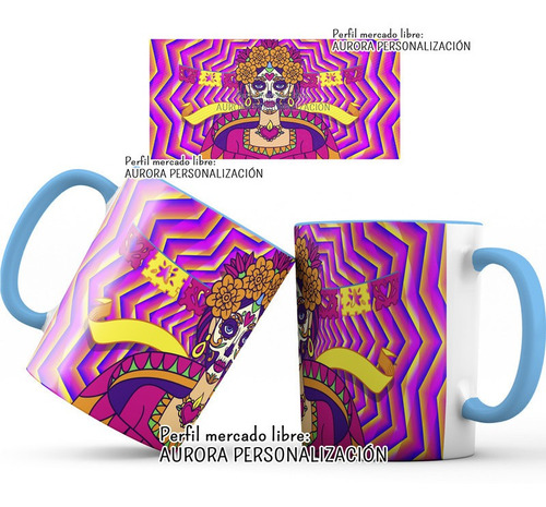 Mug  Taza Oreja Azul Calavera Catrinas Halloween