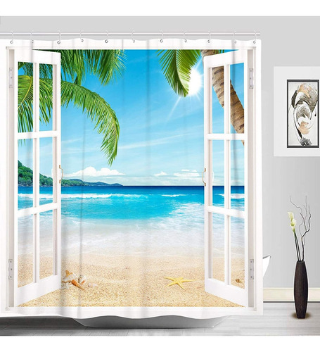 Imagen 1 de 5 de Accnicc Tropical Beach Ocean Juego De Cortinas De Ducha, Tel