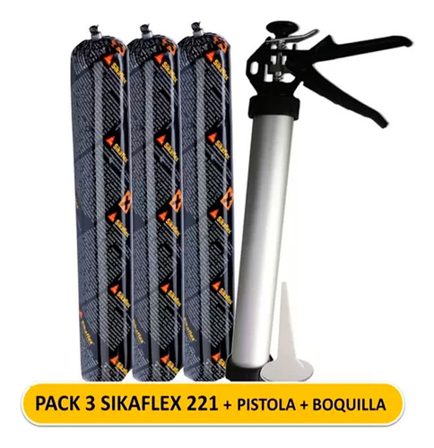 Pack 3 Sikaflex 221 Blanco + Pistola Tubular + Boquilla