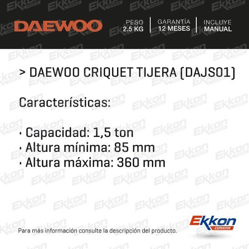 Criquet Daewoo Tipo Tijera 1500kg Altura Maxima 360mm Auto