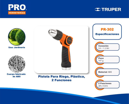 Pistola Riego 2 Funciones Para Manguera Reforzada - Truper
