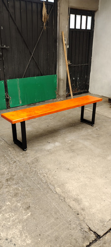 Banca Tipo Industrial 140 Cm De Largo Metal / Laqueado Negro Madera Barniz Al Natural