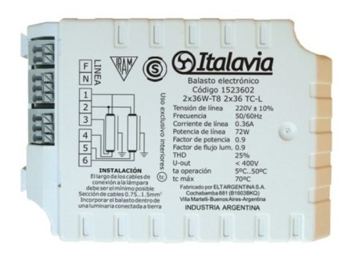 Balasto Electronico Italavia P/2 Tubos Fluorescen 36w E.a.