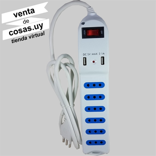 Imagen 2 de 8 de Alargue Zapatilla Ecolite 6 Tomas 2 Usb Cable Llave 3049