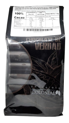 Chocolate Amargo 100% Cacao Paquete 1kg Tabletas Colonial 