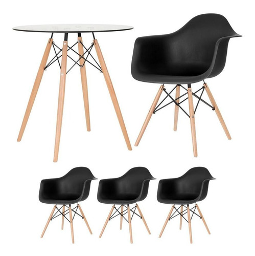 Mesa Redonda De Vidro Eames 70 Cm + 3 Cadeiras Eiffel Daw Cor Preto