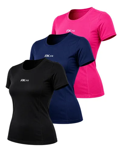 Kit 3 Camisetas Dry Fit Feminina Baby Look Academia Corrida Preto - Azul - Rosa Liso Com Textura Tipo Mesh (dry Fit) G