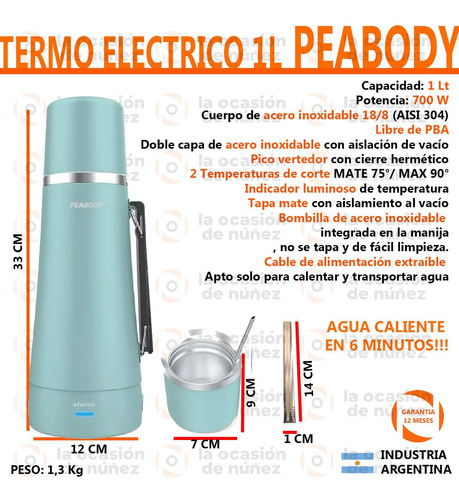Imagen 2 de 7 de Termo Electrico Peabody 1l Acero Inoxidable Mate Y Bombilla