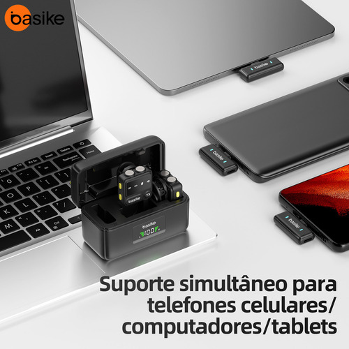 Microfone Sem Fio Basike Mini para iPhone/iPad/Android - 30m Alcance Estável, 10h Bateria com Case de Carregamento Portátil, Clip Prático para YouTube/TikTok/Gravações em Movimento