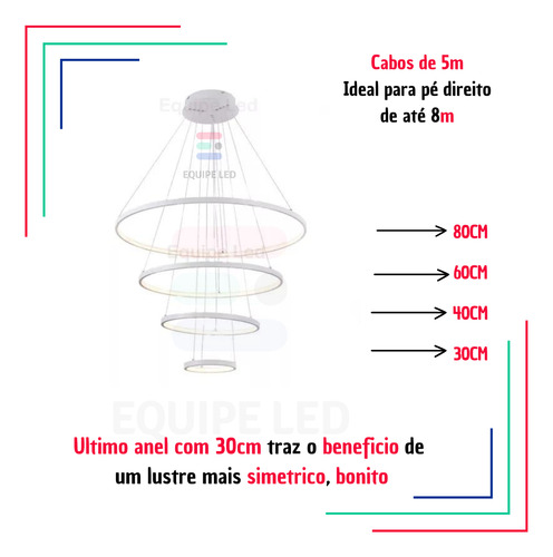Lustre Pendente Moderno Anéis Led 4 Arco Pe Direito Duplo Equipe Led