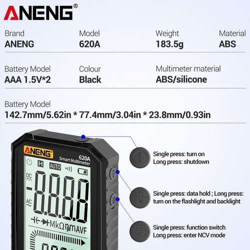 Aneng - Multímetro Digital Ac/dc Con Pantalla Lcd De 4,7 Pul