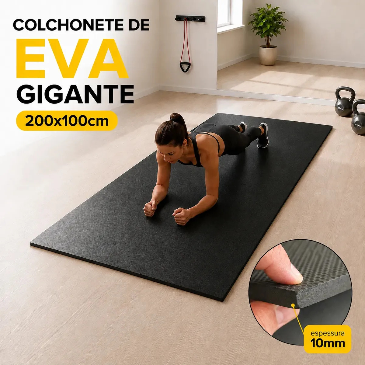 Colchonete Gigante EVA Tatame 200x100cm 10mm | Preto | Profissional Pilates Yoga Academia Exercícios Funcionais Fitness Antiderrapante Confortável Resistente Fácil Limpeza Alta Durabilidade