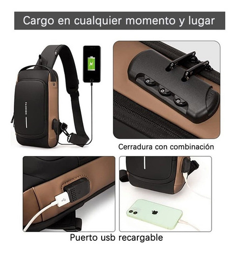Multifuncional Combinación Cerradura Pecho Bolsa Impermeable Antirrobo Usb De Carga