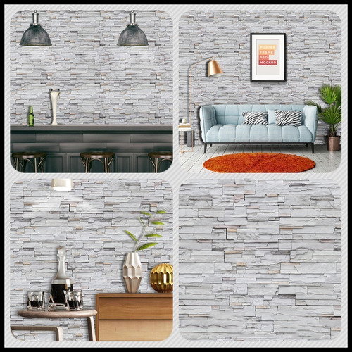 Imagen 4 de 4 de Papel Tapiz De Piedra Laja Gris Ladrillo Autoadherible Pared