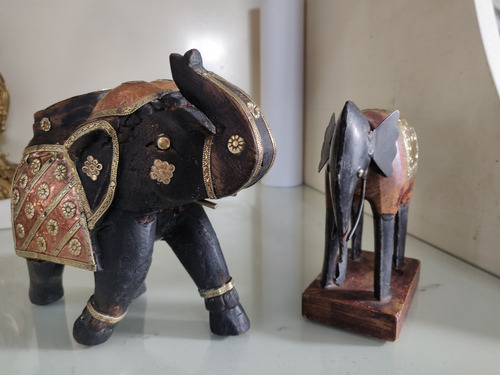 Antiguo Elefante De Madera Y Bronce Dorado (Usado)