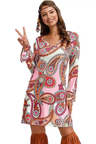 Vestido De Mujer Con Estampado De Ropa Hippie Retro Los 70s