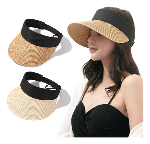 Sombrero De Playa Con Gorra De Paja For Mujer, Plegable, Po