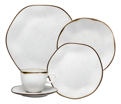Aparelho De Jantar 30 Peças Ryo Maresia Oxford Porcelana Off White e Marrom